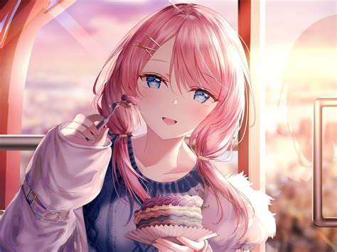 Desktop Wallpaper Cute Anime Girl Beautiful Eating Cake