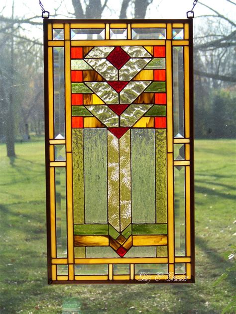 Warm Hues Long Vertical Prairie Style Stained Glass Panel