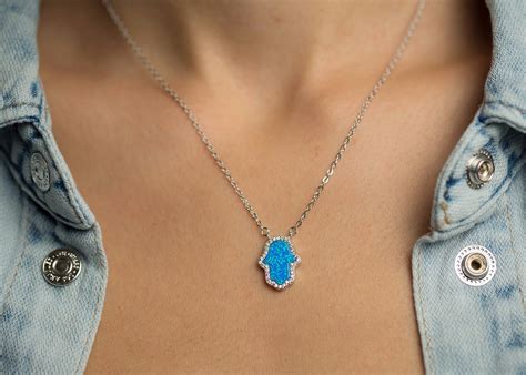 Hamsa Womens Necklace Blue Opal Pendant Sterling Silver Chain With Cr