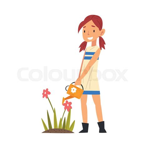 Cute Smiling Girl Watering Flowers In The Garden With Watering Can Vector Illustration Stock