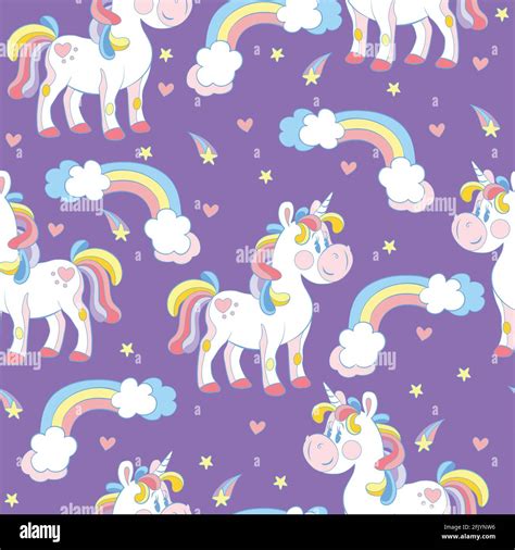 Seamless Pattern With Cute Cartoon Unicorns And Rainbows On Purple