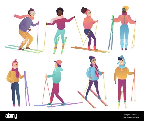Group Of Cute Cartoon Skiers People Ski Trendy Gradient Flat Color