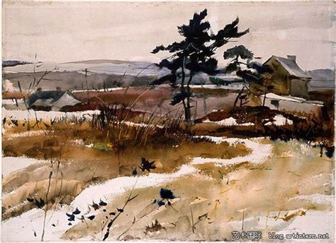 A Painting Of A Snowy Landscape With Houses In The Distance And Trees