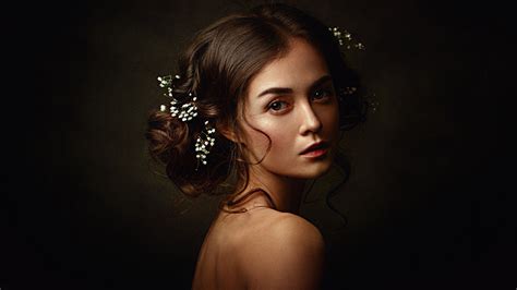Wallpaper Anastasia Zonova Women Model Brunette Flower In Hair Brown Eyes Looking At