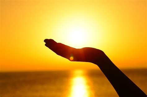 Woman Hand Holding Sun At Sunset On The Beach Stock Photo Download
