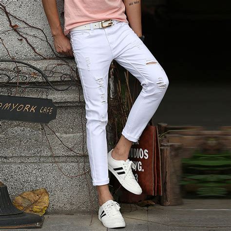 Wholesale Hot White Ripped Jeans Men With Holes Cowboy Super Skinny Famous Designer
