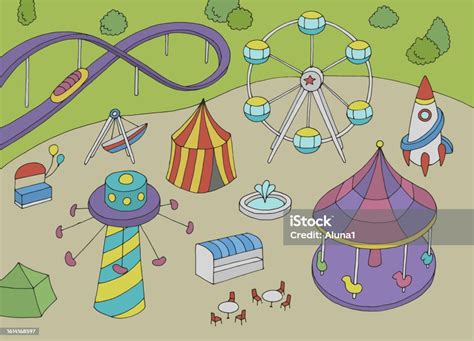 Amusement Park Landscape Aerial View Graphic Color Sketch Illustration