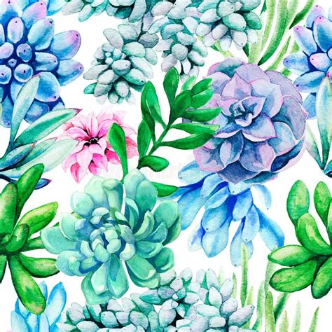 Bright Watercolor Succulent Plants Seamless Textile Pattern Stock