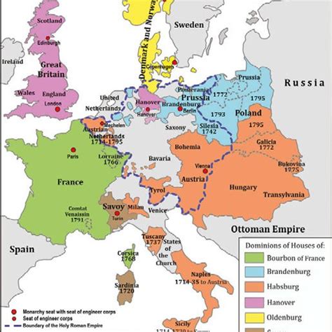 The Map Of Europe With Dominions Of Six European Dynasties Between 1714