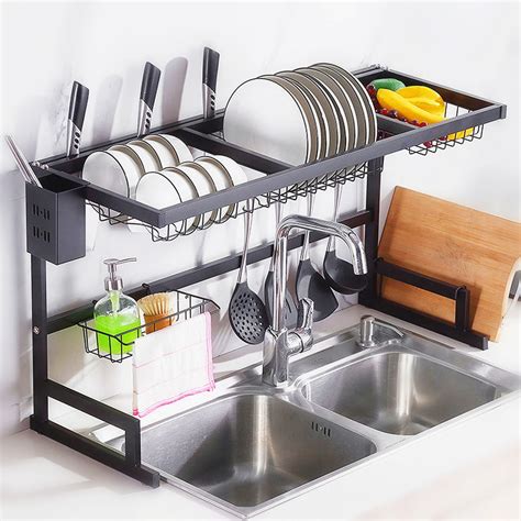 Over The Sink Dish Drying Rack 2 Tier Stainless Steel Adjustable Large
