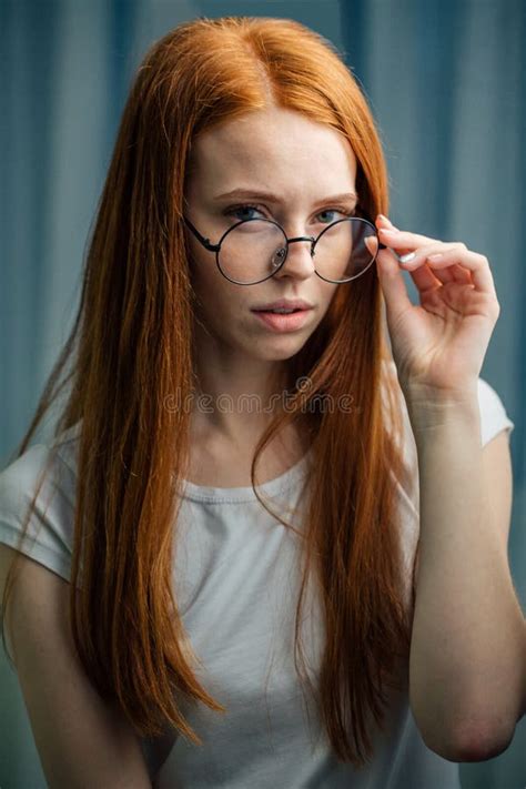 Beautiful Red Haired Girl Face With Glasses Closeup Stock Image Image