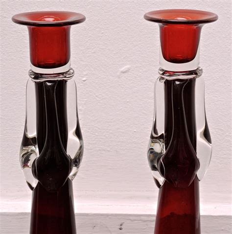 Vintage Pair Of Tall Red And Clear Art Glass Candlesticks For Sale At 1stdibs Tall Red