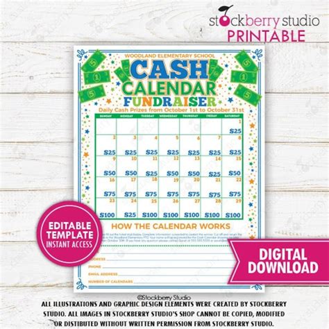 Cash Calendar Fundraiser Flyer Printable Handout Sheet Take Etsy Uk