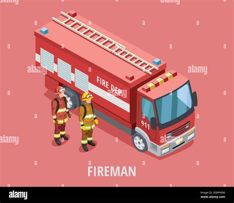Profession Fireman Isometric Template With Firefighters In Uniform