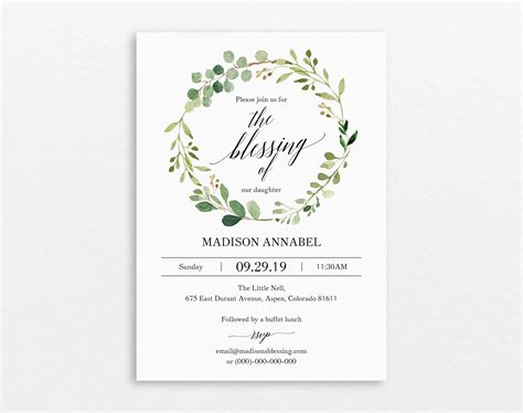 Greenery Blessing Invitation Template Printable Blessing Invitation