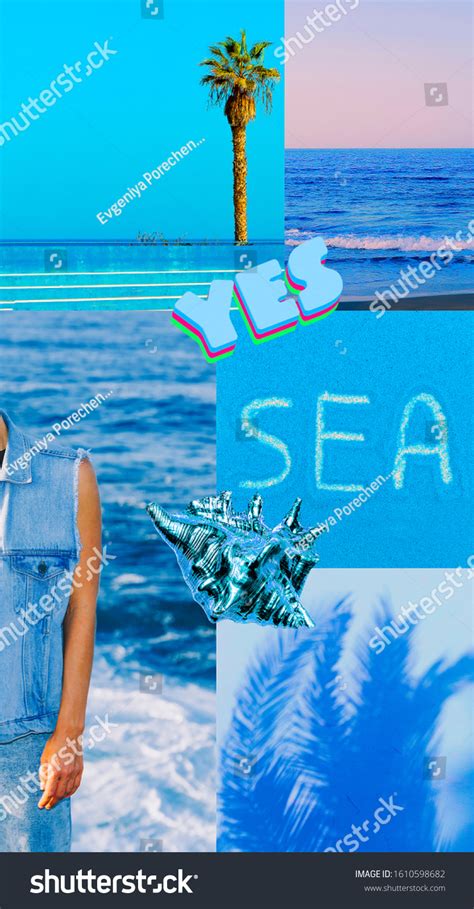 Aesthetic Fashion Moodboard Ocean Beach Blue Stock Photo 1610598682