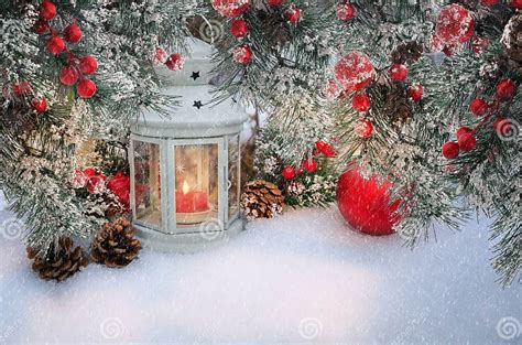 Beautiful Christmas Lantern With Candle And Fir Branches With Cones And