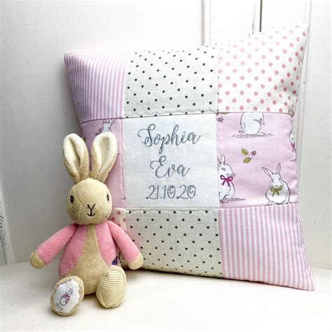 personalised pink and grey bunny name cushion by tuppenny house designs