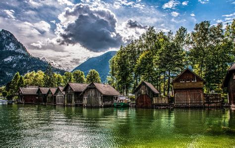 Brown Wooden Houses Nature Landscape Lake Mountains Hd Wallpaper