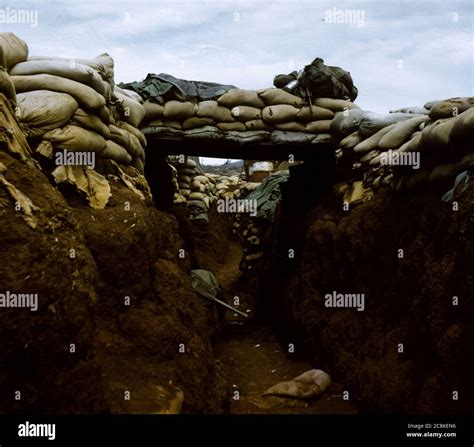 Fox Hole Trench With Sandbags In 1968 During The Vietnam War Landscape