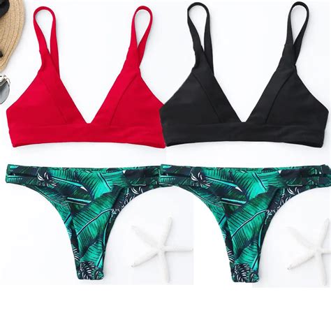 Women Swimwear Bandage Bikini 2pcs Set Push Up Padded Bra Bathing Suit Swimsuit Summer Leaf