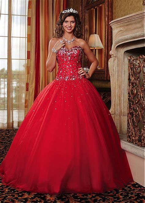 Red Tulle Ball Gown Princess Prom Dresses Sweetheart Beaded Crystals