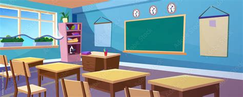 Secondary School Empty Classroom Panoramic Interior Cartoon Panorama Vector Illustration Class