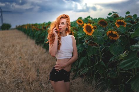 wallpaper sunflowers redhead belly jean shorts red lipstick portrait women outdoors