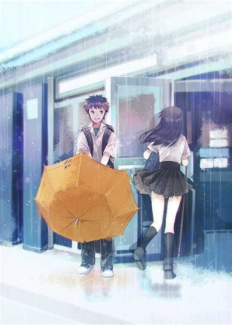Girl Boy Umbrella Rain Anime Art Beautiful