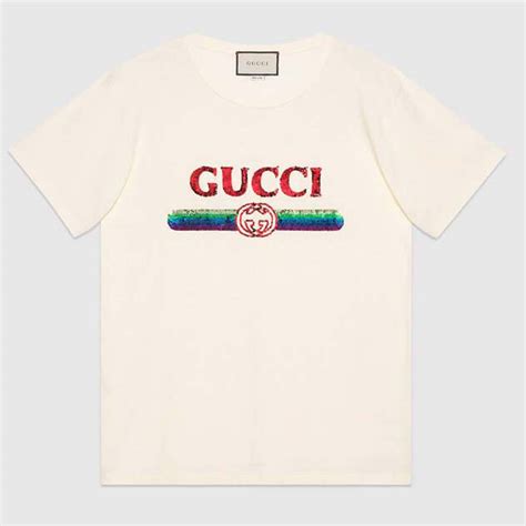 Gucci Women Oversize T Shirt With Sequin Gucci Logo White Brandsoff