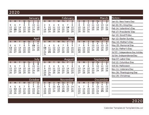 2020 One Page 12 Months Calendar Template Template Vista