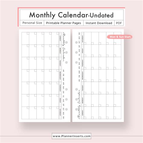 Undated Monthly Calendar For Unlimited Instant Download Digital