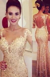 Mermaid Sweetheart Long Sleeves Gold Backless Eveningprom Dress With