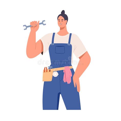 Woman Plumber Portrait Plumbing Worker Holding Wrench In Hand