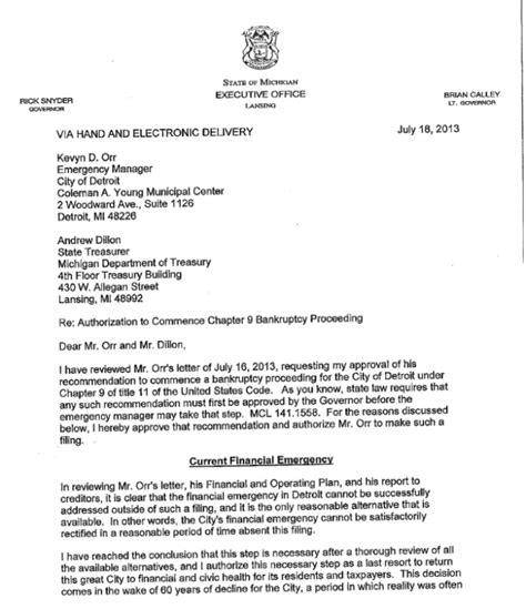 Detroit Files For Bankruptcy The Michigan Governors Letter