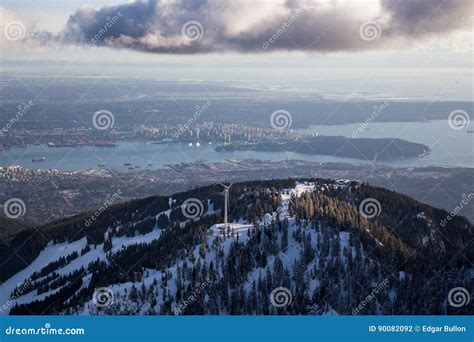 Grouse Mountain Aerial View With Vancouver In Background Stock Photo