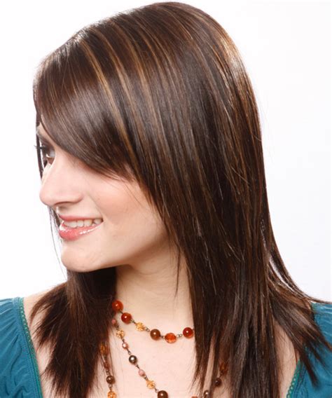 Long Straight Dark Chocolate Brunette Hairstyle With Side Swept Bangs