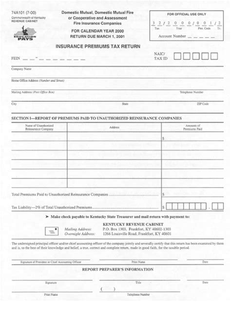 Form 74a101 Insurance Premiums Tax Return Kentucky Revenue Cabinet
