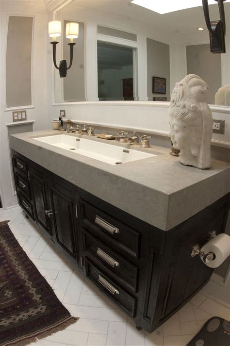 Trough sinks with two faucets with beach style bathroom also concrete counter double vanity edge pulls full length mirror two faucets cedar point photo credit to hutker architects. Double Faucet Sink Bathroom Contemporary with None ...
