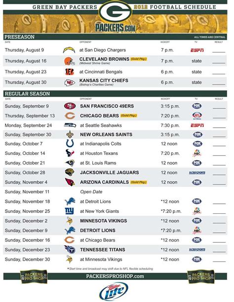 Printable Green Bay Packers Schedule