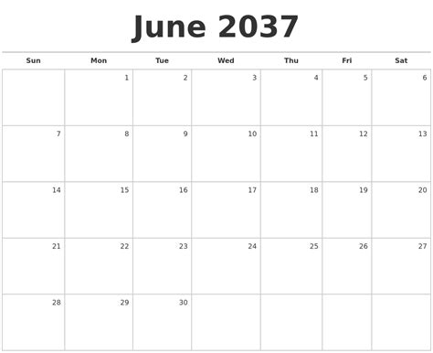 June 2037 Blank Monthly Calendar