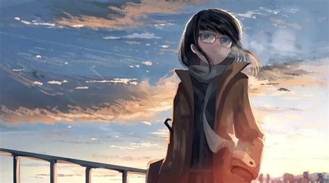 Wallpaper Scarf Meganekko Anime Girl Clouds Looking Away Black