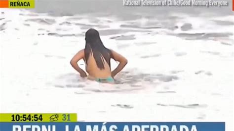 Chilean Tv Reporters Bikini Tops Comes Off In The Surf On Live Tv