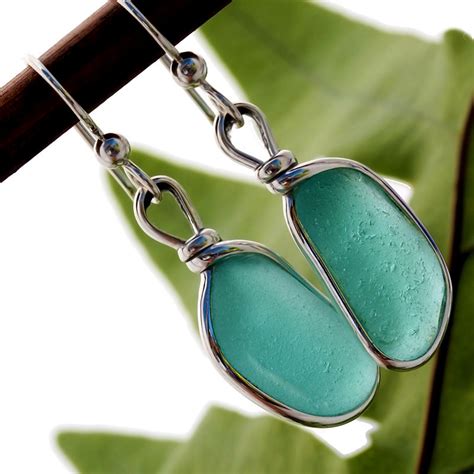 Vivid Aqua Sea Glass Earrings In Sterling Original Wire Bezel© Sse223