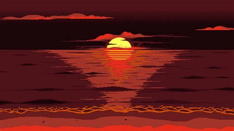 Red Orange Sky Sunset Sun Afterglow Pixel Art Artwork Digital