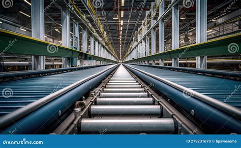 Efficient Production At Scale Long Factory Assembling Conveyor Belt Line Generative Ai Stock