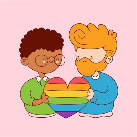 Premium Vector Cute Funny Young Gay Couple Hold Rainbow Heart