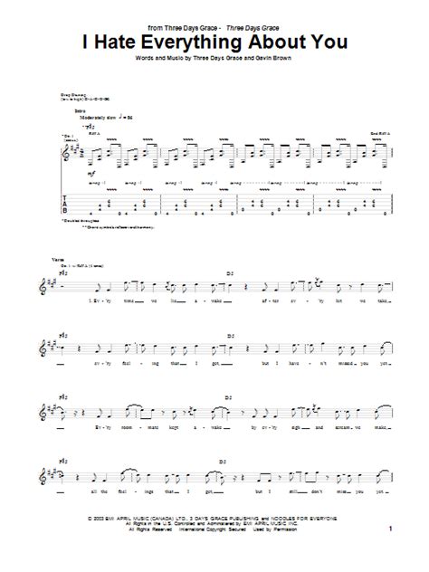 i hate everything about you sheet music three days grace guitar tab