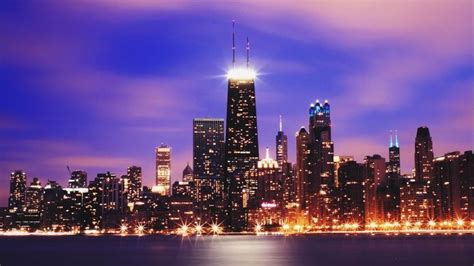 Chicago Skyline At Night From North Avenue Beach Hook Pier On The