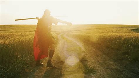 A Roman soldier in a wheat field holds a sword in his hand. Stock Video ...